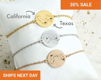 Personalized State Disc Bracelet, Two Homes Bracelet,  Long Distance Friendship, Custom State, Engraved Bracelet, Moving Away Gift, FB-61