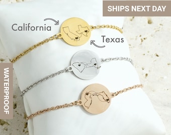Personalized State Disc Bracelet, Two Homes Bracelet,  Long Distance Friendship, Custom State, Engraved Bracelet, Moving Away Gift, FB-61