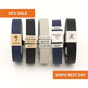 Personalized Leather Bracelet for Women, Custom Engraved Name Bar Cuff, Hidden Message Keepsake, Minimalist Anniversary Gift for Mom, FB-33