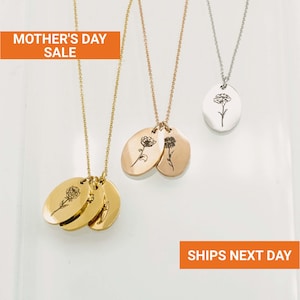 Oval Birth Flower Necklace Sterling Silver · Birth Month Flower Necklace · Flower Necklace for Mom · Floral Necklace, FN-156
