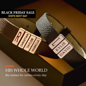 Custom Name Bracelet for Men, Personalized Leather Cuff Bracelet, Engraved Family Name, Dad Boyfriend Husband, Fathers Day Gift, FB-34
