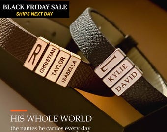 May include: Two dark brown textured leather bracelets featuring rose gold-toned metal beads. One bracelet is engraved with the letter R and the names Christian, Taylor, and Isabella. The other bracelet is engraved with the letter L and the names Kylie and David.