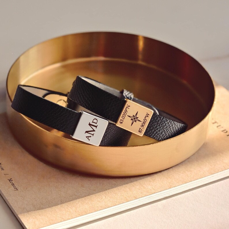 Personalized Leather Coordinate Bracelet for Men, Custom Engraved Bracelet, Long Distance Boyfriend Gift, Graduation Gift for Him, FB-30 image 3
