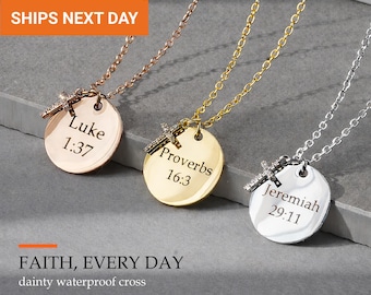 Christian Cross Necklace for Women, Custom Bible Verse Necklace, Religious Faith Jewelry, Hypoallergenic Birthday Gift for Mom, FN-189