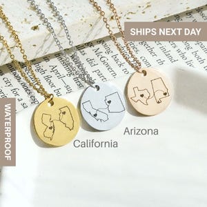 Personalized State Necklace, Two States Long Distance Couples, Two Home Necklace, State Necklace, Relationship Gift, State Map Gift, FN-182