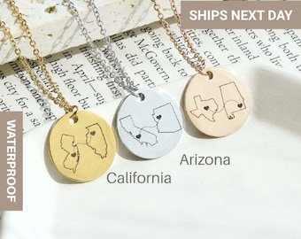 Personalized State Necklace, Two States Long Distance Couples, Two Home Necklace, State Necklace, Relationship Gift, State Map Gift, FN-182
