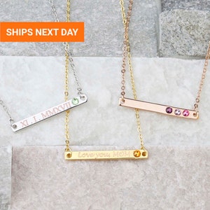 Dainty Personalized Birthstone Necklace, Custom Name Necklace, Birthstone Jewelry, Bar Necklace, Family Birthstone, Mama Necklace, FN-109