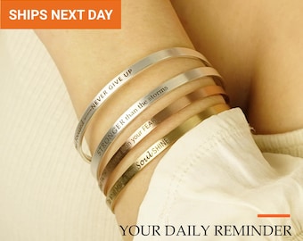 Inspirational Mantra Cuff Bracelet for Women, Custom Engraved Motivational Quote Bangle, Waterproof Stackable Jewelry, Gift for Her, FB-52