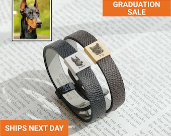 Custom Pet Portrait Leather Bracelet, Valentine Gift, Custom Pet Gift For Him, Dog Portrait Bracelet for Men, FB-56