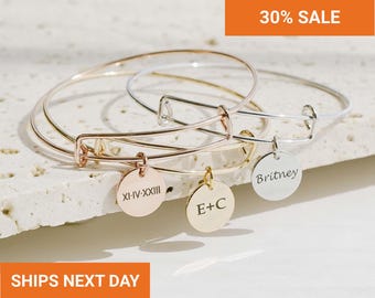 Custom Minimalist Bangle Bracelet, Engraved Name Bracelet, Personalized Gift for Mom Grandma Best Friend, Girlfriend Birthday Gift, FB-42