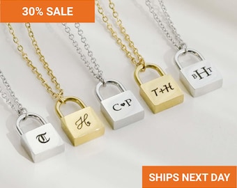 Modern Initial Padlock Necklace Sterling Silver • Personalized Jewelry • Personalized Valentines Gift • Love Necklace Gifts for Her •FN-179