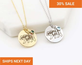 Personalized Mama Bear Necklace with Birthstones, Engraved Name Pendant, Grandma Mothers Day Gift, Family Jewelry for Mom, FN-120