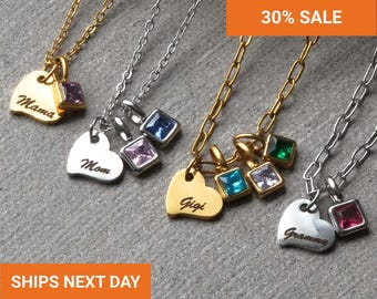 Custom Heart Necklace with Birthstones, Name Necklace for Women, Birthday Gift for Her, Personalized Jewelry for New Mom Grandma Kids,FN-190