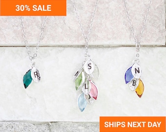 Family Tree Birthstone Necklace: Personalized Initial Leaf, Grandma Gift-Birthstone Necklace for Mom Gift, FN-73