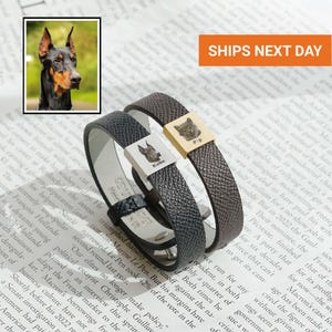 Stunning Custom Pet Portrait Leather Bracelet, Valentine Gift, Custom Pet Gift For Him, Dog Portrait Bracelet for Men, FB-56