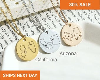 Personalized State Necklace, Two States Long Distance Couples, Two Home Necklace, State Necklace, Relationship Gift, State Map Gift, FN-182