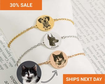 Custom Pet Portrait Bracelet, Pet Memorial Gift, Engraved Pet Photo Jewelry, Pet Adoption Gift, Pet Photo Bracelet, FB-63