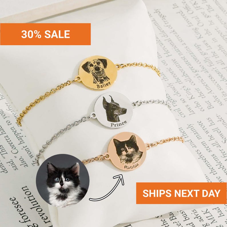 three personalized bracelets with engraved images of cats and dogs, each with a unique name. The bracelets are displayed on a white surface, and there is text indicating a 30% sale and a shipping notice for the next day.