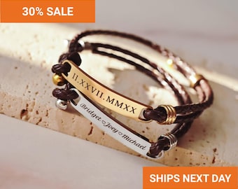 Personalized Leather Bracelet for Women, Custom Engraved Braided Cuff, Waterproof Unisex Jewelry, Friend Couple Anniversary Gift, FB-15