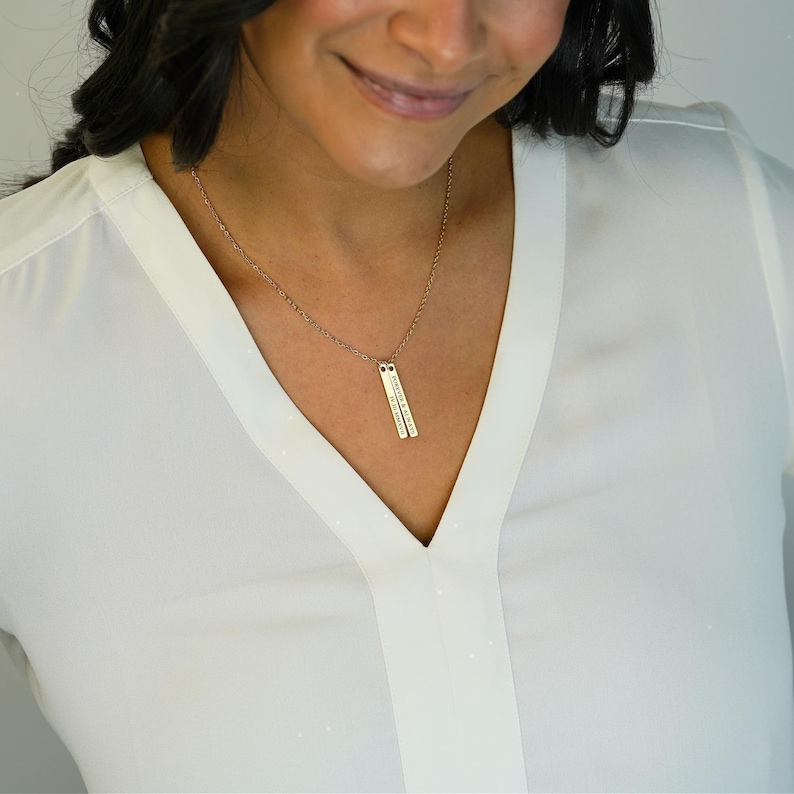 Personalized Family Name Necklace, Vertical Bar Necklace, Kids Name Jewelry, Engraved Mom Gift, Mothers Day Gift for Her, FN-22 image 3