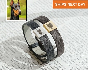 Stunning Custom Pet Portrait Leather Bracelet, Valentine Gift, Custom Pet Gift For Him, Dog Portrait Bracelet for Men, FB-56