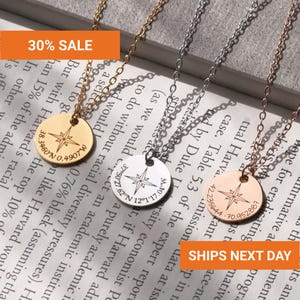 Compass Coordinate Necklace Sterling Silver, Personalized Location Necklace, Long Distance Best Friend Gift, Graduation Gift for Her, FN-40