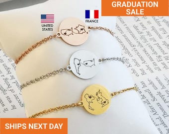 Personalized Country Bracelet, Long Distance Couples, Two Country Bracelet, State Bracelet, Relationship Gift, Country Map Gift, FB-59