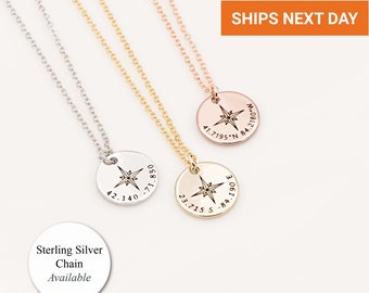 Dainty Compass Necklace Sterling Silver, Custom Coordinate Necklace, Graduation Necklace Gifts for Her, Best Friend Necklace,FN-40