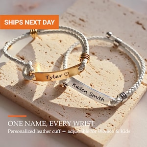 Personalized Leather Bracelet for Kids, Custom Name Braided Rope Cuff, Waterproof Stainless Steel Bar, Teen Boy Girl Gift, FBK-03