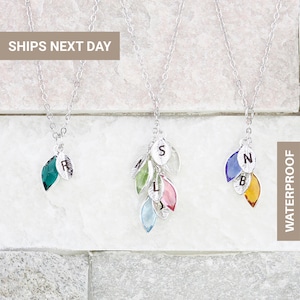 Family Tree Birthstone Necklace: Personalized Initial Leaf, Grandma Gift-Birthstone Necklace for Mom Gift, FN-73