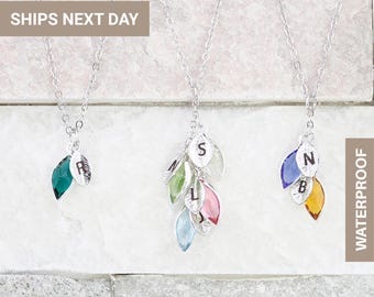 Family Tree Birthstone Necklace: Personalized Initial Leaf, Grandma Gift-Birthstone Necklace for Mom Gift, FN-73