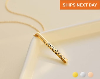 3D Custom Vertical Bar Necklace, Personalized Gift for Her, Kids Name Necklace, Engraved Necklace, Mom Necklace, Handmade Jewelry, FN-02