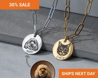 Custom Pet Photo Necklace with Clip Chain, Engraved Pet Portrait Pendant, Personalized Dog Cat Memorial Jewelry, Pet Loss Gift, FN-187