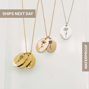 Collar ovalado con flor de nacimiento en plata de ley · Collar con flor del mes de nacimiento · Collar de flores para mamá · Collar floral, FN-156