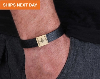 Unique Personalized Leather Bracelet Men, Coordinate Bracelet, Graduation Gifts, Best Men Gift, Boyfriend Gift, For Him, FB-30