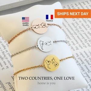 Personalized Two Country Bracelet, Long Distance Relationship Couples Gift, Waterproof State Map Jewelry, Going Away Gift for Her, FB-59