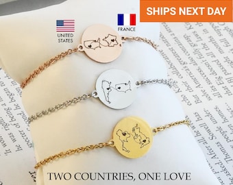 Personalized Two Country Bracelet, Long Distance Relationship Couples Gift, Waterproof State Map Jewelry, Going Away Gift for Her, FB-59