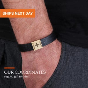Personalized Leather Coordinate Bracelet for Men, Custom Engraved Bracelet, Long Distance Boyfriend Gift, Graduation Gift for Him, FB-30