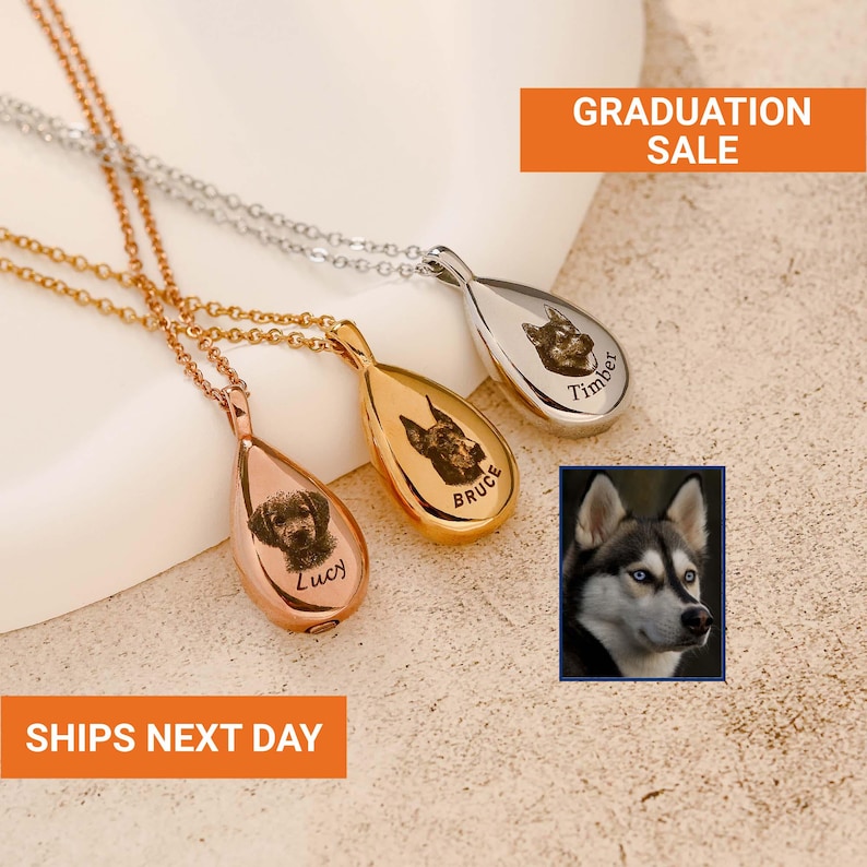 May include: Three dog portrait pendant necklaces in rose gold, gold, and silver. Each pendant features a dog's image and name. The image includes a husky portrait and the text "GRADUATION SALE".