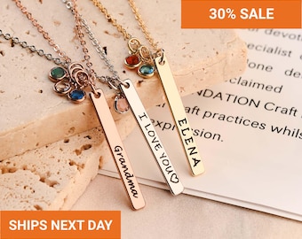 Personalized Birthstone Necklace for Mom, Dainty Engraved Name Necklace, Custom Family Gemstone Jewelry, Mothers Day Gift for Her, FN-106