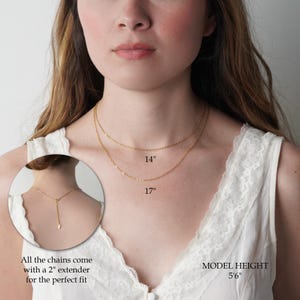 a close-up of a woman's neck and chest area, with a focus on the necklaces she is wearing. The necklaces are described as 14" and 17" in inches, and the image also includes a close-up of the necklace's clasp.