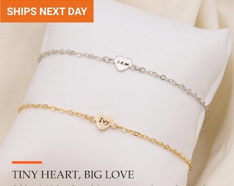 Tiny Heart Bracelet, Personalized Initial Charm Bracelet, Dainty Waterproof Everyday Jewelry, Minimalist Gift for Her, FB-50