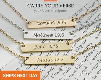 Personalized Bible Verse Necklace, Dainty Christian Bar Necklace, Engraved Scripture Gift for Mom, Catholic Faith Jewelry Women, FN-08