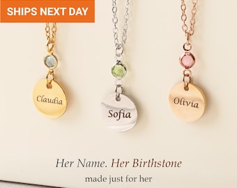 Personalized Birthstone Name Necklace, Engraved Disc Necklace for Women, Waterproof Custom Name Jewelry, Birthday Gift for Her, FN-193