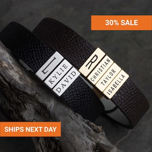 Custom Name Bracelet for Men, Personalized Leather Cuff Bracelet, Engraved Family Name, Dad Boyfriend Husband, Fathers Day Gift, FB-34