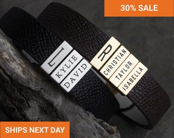 Custom Name Bracelet for Men, Personalized Leather Cuff Bracelet, Engraved Family Name, Dad Boyfriend Husband, Fathers Day Gift, FB-34