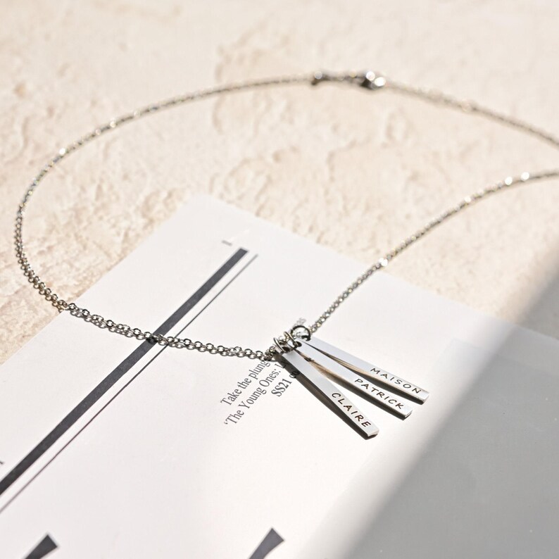 Personalized Family Name Necklace, Vertical Bar Necklace, Kids Name Jewelry, Engraved Mom Gift, Mothers Day Gift for Her, FN-22 image 6