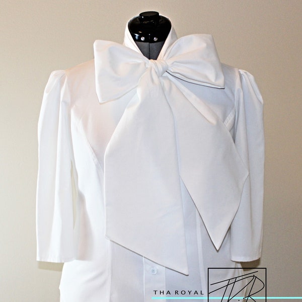 White Bow Blouse with Large Bow Tie| Short Sleeve Bow Blouse| Bow Blouse| Tops For Women| White Blouses For Women| Puffy Sleeve Blouse