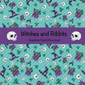 May include: Seamless digital download with a teal background featuring a repeating pattern of white skulls, witch hats, cauldrons, and green frog-like creatures. The design includes the text "Witches and Ribbits" in a purple banner.