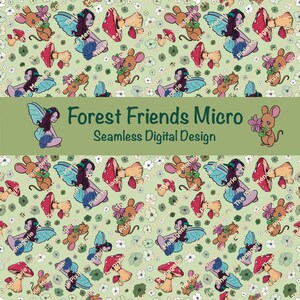 Könnte beinhalten: Nahtloses digitales Design mit skurrilen Waldkreaturen. Das Muster umfasst Feen mit blauen Flügeln, rot-weiße Pilze und niedliche Mäuse, die Blumen halten, alles vor einem hellgrünen Hintergrund mit floralen Akzenten. Der Text "Forest Friends Micro Seamless Digital Design" ist ebenfalls vorhanden.